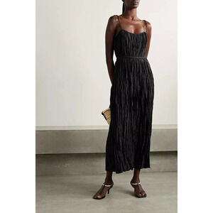 Ulla Johnson Orla Black Satin Crushed Plisse Pleated Midi Dress 10 $650